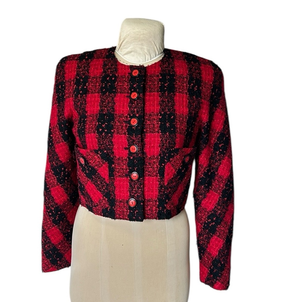 Vintage Carlisle Wool Red/Black Buffalo Check‎ Boucle Blazer Cropped Lined 6